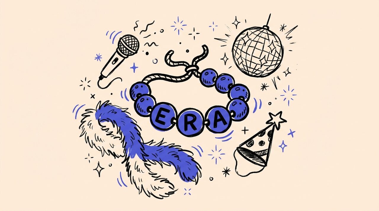 Hand-drawn doodle of Eras party props: friendship bracelet, disco ball, feather boa, microphone, and party hat