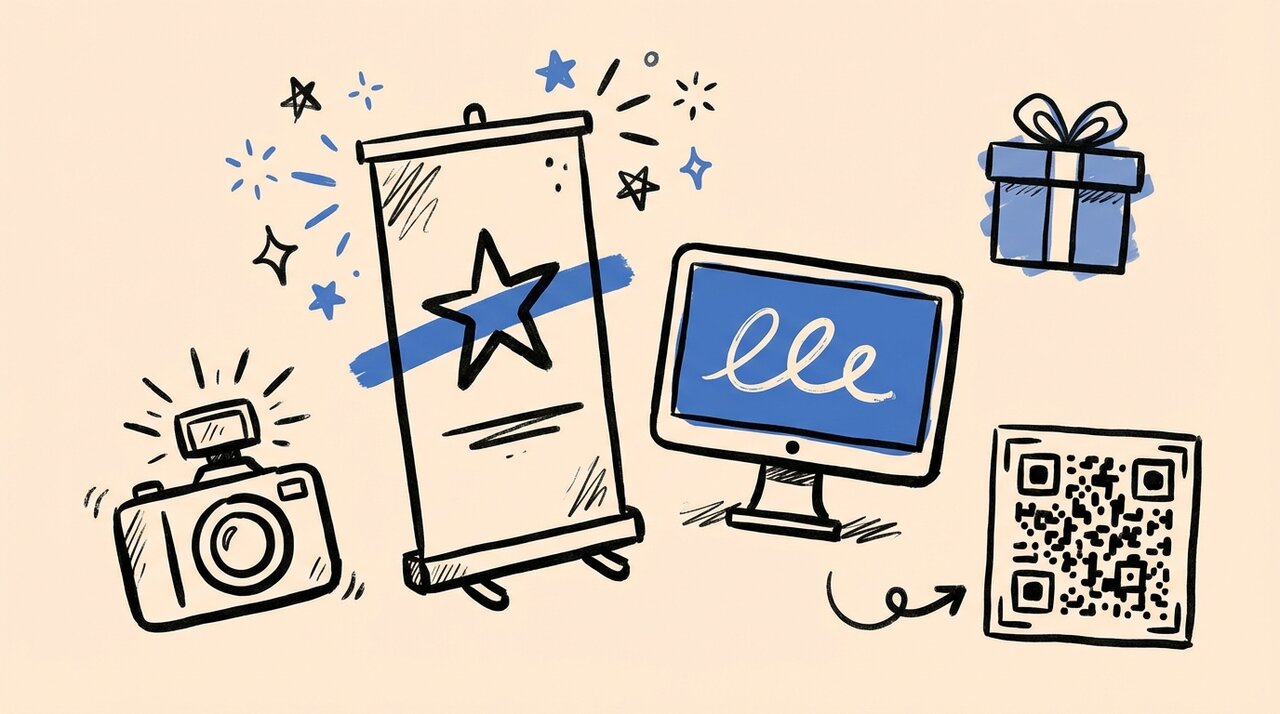 Hand-drawn doodle of trade show booth essentials: banner stand, monitor, camera, QR code, and gift box