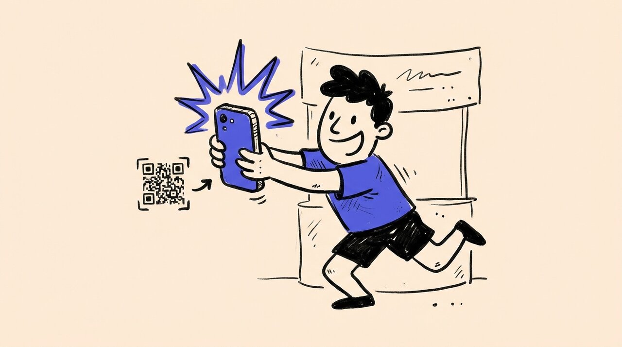 Hand-drawn doodle of a person scanning a QR code with their phone at a trade show booth with spark marks