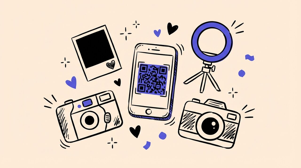 Hand-drawn doodle of wedding photo props including a phone with QR code, Polaroid, disposable camera, ring light, and camera