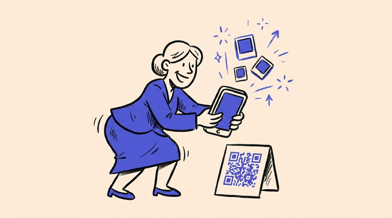 Hand-drawn doodle of a wedding guest scanning a QR code on a table card with photo frames floating upward