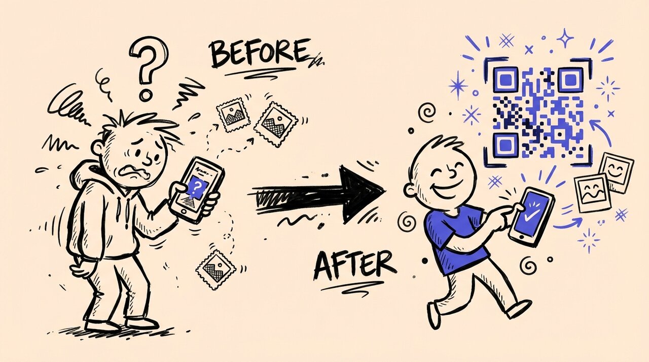 Before and after doodle of a frustrated person losing photos versus happily sharing via QR code