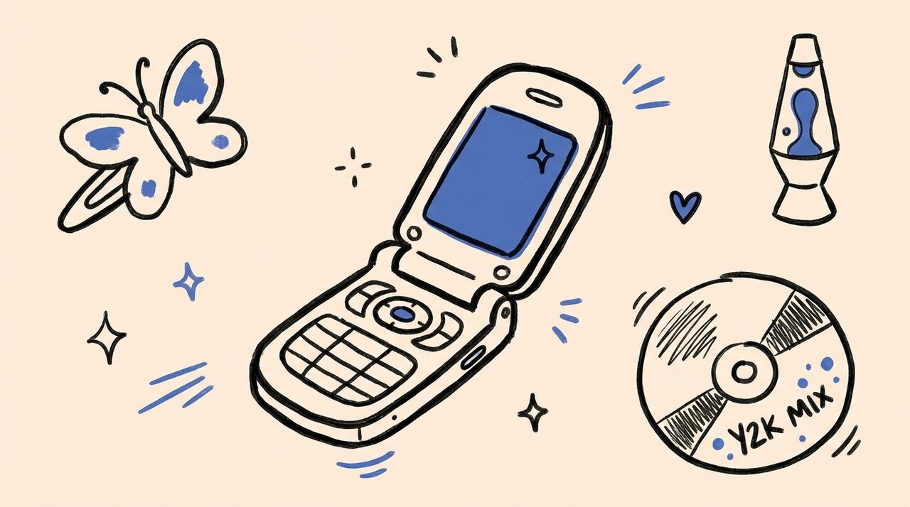 Hand-drawn doodle of Y2K party props: flip phone, butterfly clip, CD, and lava lamp with sparkle marks