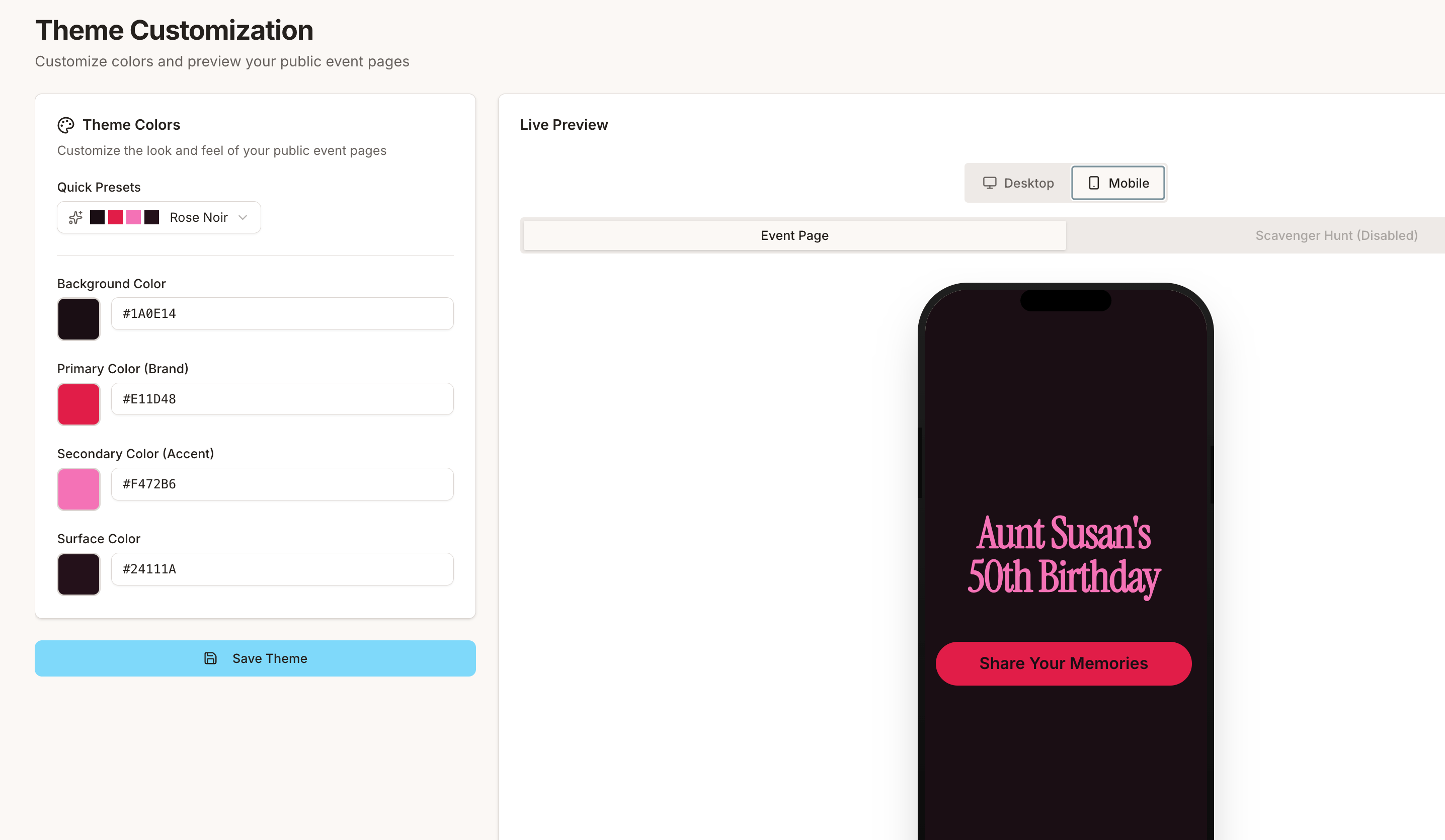 Customize your gallery theme with colors and branding